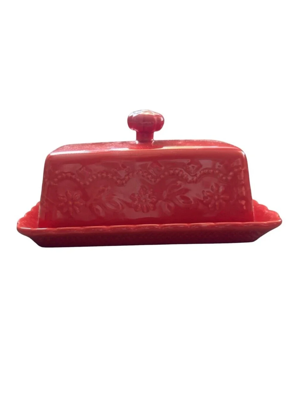Pioneer Woman Red Embossed “Toni” Stoneware Covered Butter Dish 1/4 Lb